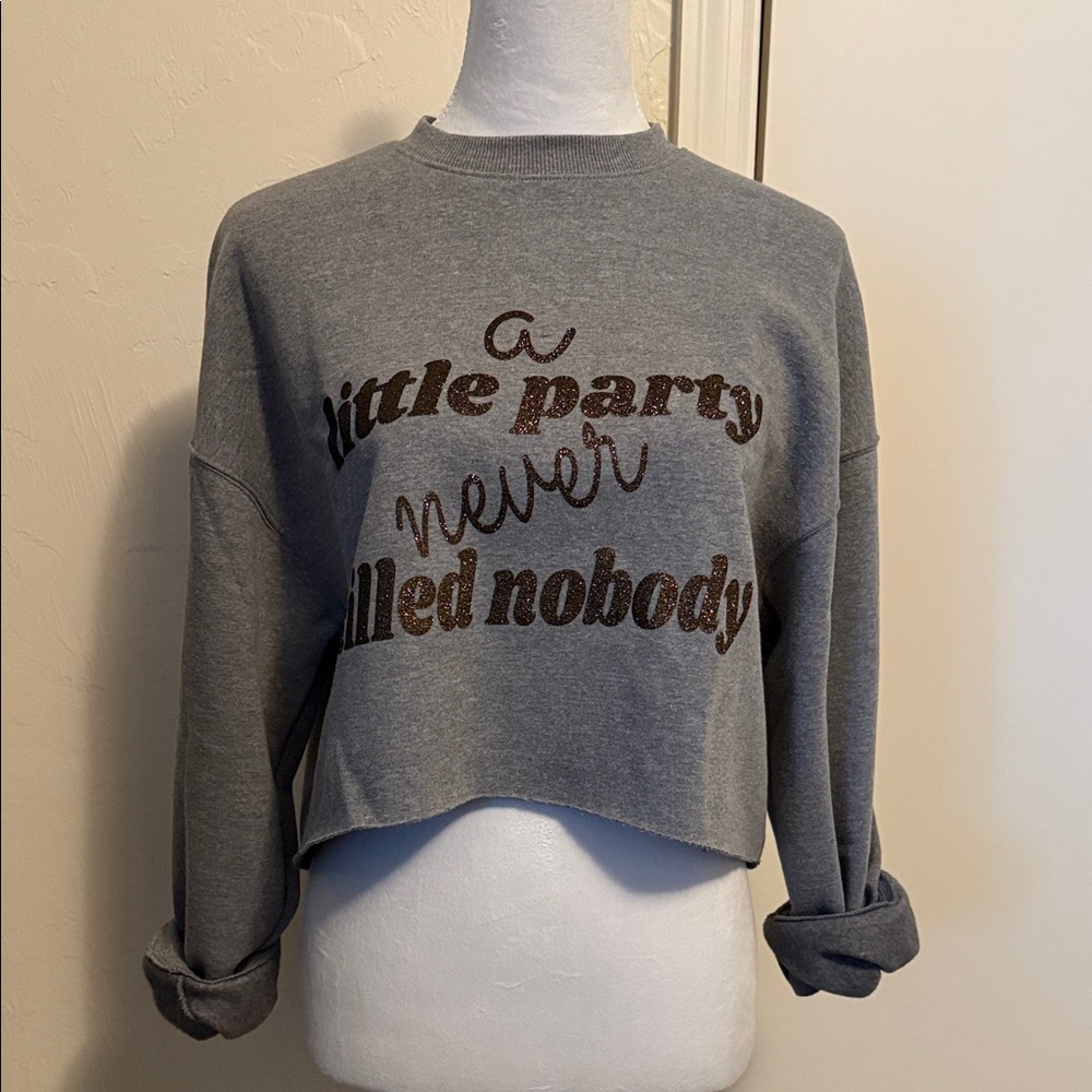 Gray Cropped Sweatshirt with Glitter Text Size S